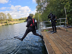 Giant stride entry off the wooden pontoon at Surrey Hills