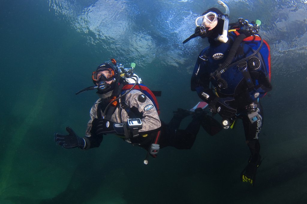 Divers in drysuits underwater