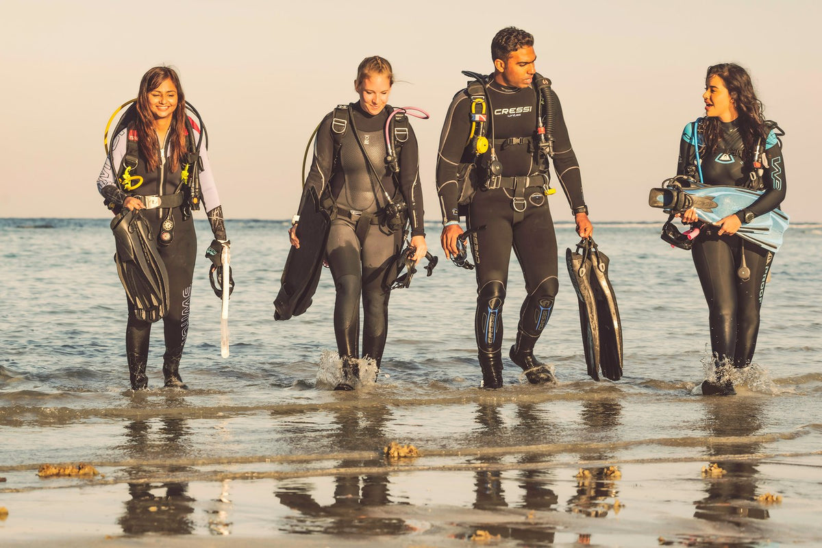 Divers walking out of the sea together