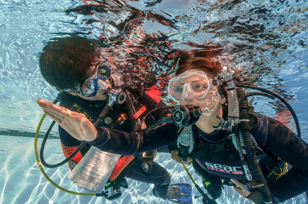 Divers practising skills in a pool